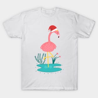 Cute Pink Flamingo Wear Santa Hat T-Shirt